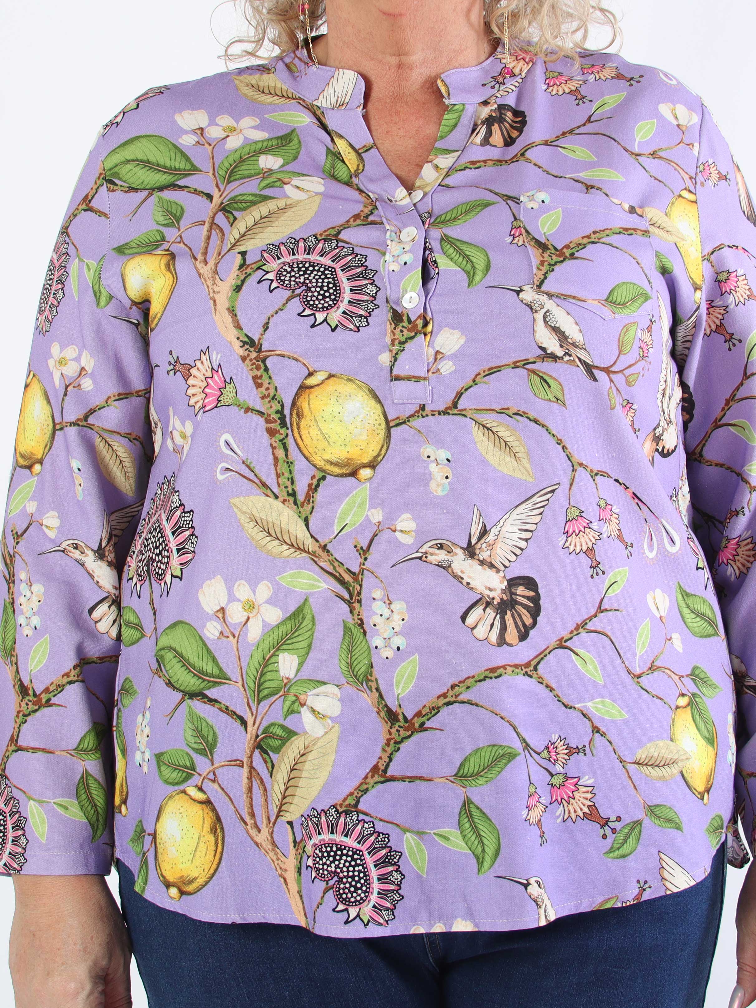 Almira - Plus size-skjorta i linne och bomull med fågelmotiv